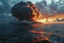 Volcanic Eruption At Sunset, A Powerful Ash Cloud Rising Above The Churning Ocean. Concept: Illustrations Of Natural Disasters, Geology And Scenarios Of Apocalyptic Events