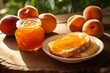 Peach jam marmalade and peaches with fresh bread for breakfast on wooden table.