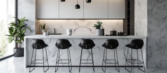 Poster - Contemporary black leather bar stools with metal legs under white kitchen counter, marble texture on linoleum floor, vertical shot.