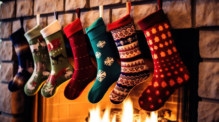 Wall Mural - Christmas stockings hanging from fireplace. Perfect for holiday decorations and festive atmosphere.