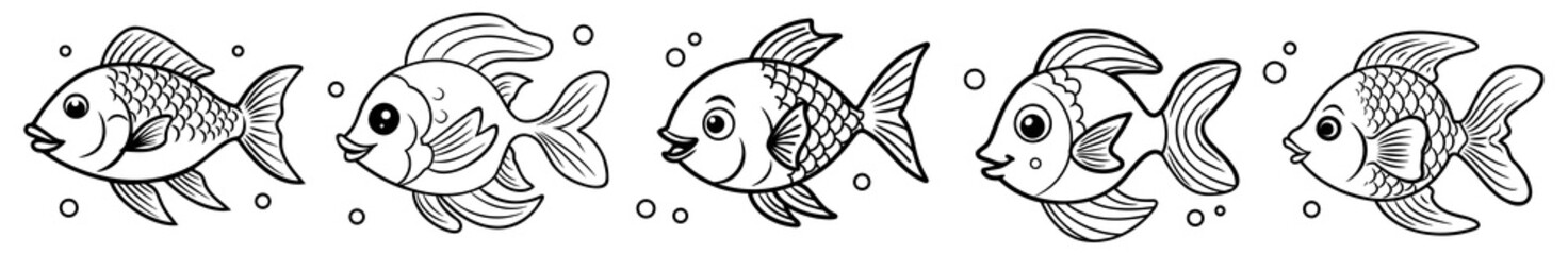 Wall Mural - Cute fish, simple thick lines kids and preschool children cartoon coloring book pages. Clean drawing illustration. Generative AI