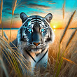 A portrait of a black and white Tiger with beautiful blue eyes looking straight in a wheat field.