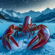 A very close up image in blue moon light of very large red lobster with large claws in the snow with mountains in the background.
