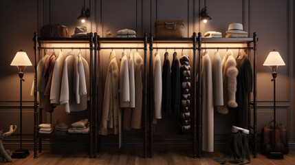 Wall Mural - Room with rack of clothes and lamp. Suitable for fashion, interior design, or clothing store concepts.