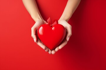 Wall Mural - Woman's hands holding a red heart against red background. Greeting card designs for anniversaries, weddings, or Valentine's Day, banner with space for text. Holiday concept.