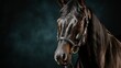 A black stallion with shiny coat and a bridle on its muzzle on a dark background with soft bokeh. Concept: equestrian sport, animal equipment

