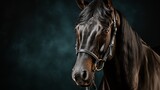 Fototapeta  - A black stallion with shiny coat and a bridle on its muzzle on a dark background with soft bokeh. Concept: equestrian sport, animal equipment
