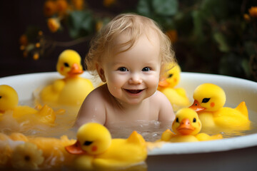 Wall Mural - happy smiling cute baby in bath with foam and yellow ducks 