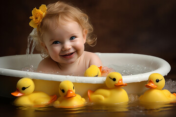 Wall Mural - happy smiling cute baby in bath with foam and yellow ducks 