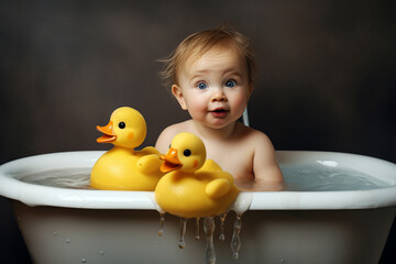 Wall Mural - happy smiling cute baby in bath with foam and yellow ducks 