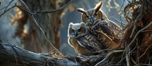 First Flight - Mother And Baby Owls On A Branch; Owlet Receives Rewards After Leaving Nest.
