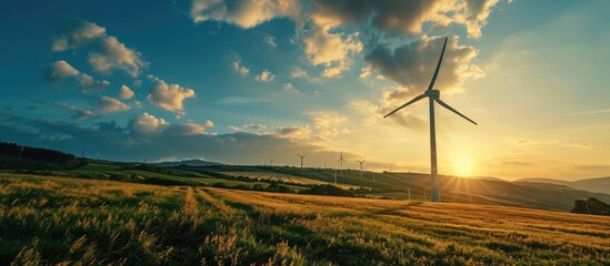 Poster - Renewable energy concept: Windmill in a field, promoting energy substitution and ecology.