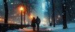 Silhouetted couple strolling in wintry cityscape.