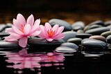 Fototapeta Kuchnia - Zen serenity stone with a touch of pink flower tranquility