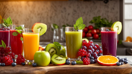 Wall Mural - Fresh juice raw various fruits and berries