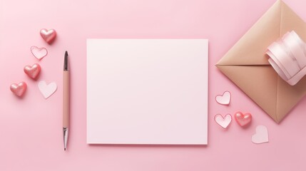 Wall Mural -  a notepad, pen, paper and hearts on a pink background with a pink envelope and a pair of scissors.