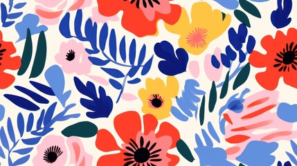 Poster -  a colorful floral pattern with blue, red, yellow, pink and green leaves and flowers on a white background.