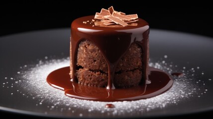 Sticker -  a close up of a cake on a plate with a chocolate sauce drizzled on top of it.