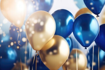 Wall Mural - Party balloons Background , golden and blue balloons background with confetti and bokeh backgrounds Ai generated