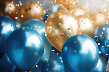 Wall Mural - Party balloons Background , golden and blue balloons background with confetti and bokeh backgrounds Ai generated