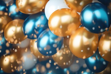 Wall Mural - Birthday party balloons, golden and blue balloons background with confetti and bokeh backgrounds Ai generated