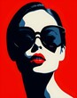 red black and white silhouette of woman face with red lips wearing sunglasses, vector icon ready to print, design as banner isolated on white background, bright colors, retro vintage poster superwoman