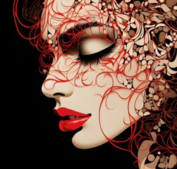 Wall Mural - Vector flat image of a young and attractive woman with red lipstick. Girl with on a dark background. Retro style design for postcards, posters, backgrounds, templates, banners, textiles, avatars.