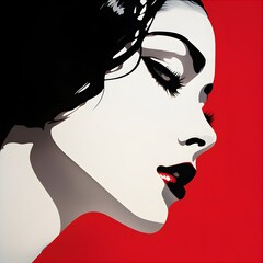 Wall Mural - red, black and white silhouette of sexy posing woman portrait, face with red lips, in retro style, girl power, editable vector icon, ready to print, design as banner isolated on white background