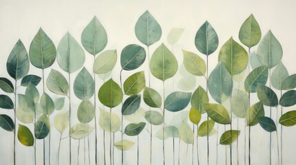 Sticker -  a painting of a group of green leaves on a white background with a white wall in the middle of the picture.