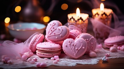 Poster -  a pile of pink cookies sitting on top of a table next to a cup of tea and a lit candle.