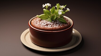 Sticker -  a potted plant sitting on top of a saucer filled with powdered sugar and sprinkled with a sprig of green leaves.