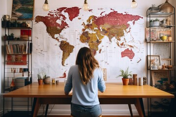 Girl sitting at desk in front of large world map