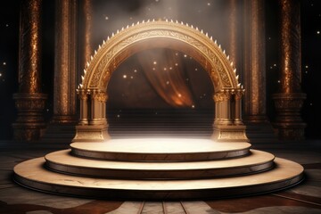 round podium with gold-plated Greek pillars for the presentation of luxury products. stone rome stand with glowing light arch and ancient marble columns. dark background