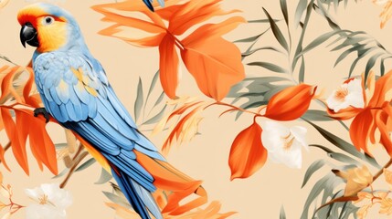 Poster -  a blue and yellow parrot sitting on a branch of a tree with orange and white flowers on a peach background.