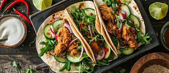 Wall Mural - Step 5: Tasty Mexican burritos or tacos for lunch with fried chicken, arugula, cucumber, radish, red onion, and wheat tortilla sauce.