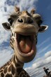 AI generated illustration of an adorable giraffe smiling against a cloudy blue sky