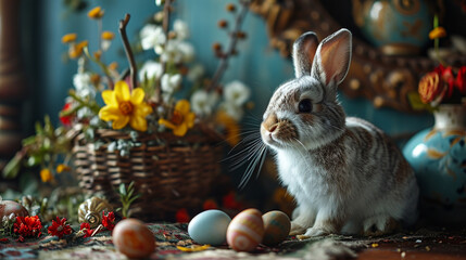 Wall Mural - rabbit next to a basket full of flowers and Easter eggs in front of him