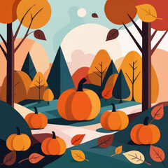 Poster - Geometric Autumn - Abstract digital pop illustration of pumpkins and leaves in bold colors Gen AI