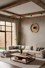 Interior design of a modern living room in Japanese style. Corner sofa made of beige fabric with a coffee table made of barn wood.