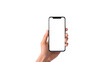 © meta - View fornt a hand holding smart phone with blank screen, isolated on transparent background. mock up smartphone.