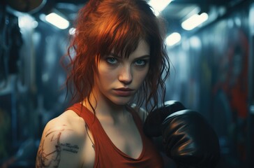 A fierce and determined woman with fiery red hair dons boxing gloves, ready to take on any challenge in this stunning cg portrait