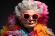 An eccentric elderly woman exudes boldness and confidence with her vibrant pink sunglasses, feather boa, and colorful scarf, showcasing her unique fashion sense and personality