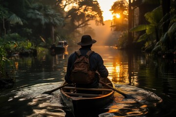 Wall Mural - As the sun rises, a lone figure navigates his canoe through the tranquil river, surrounded by lush trees and the gentle sound of water, embracing the peacefulness of the great outdoors