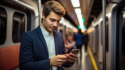 Wall Mural - A man in a suit looking at his cell phone on the subway, AI