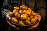 Fototapeta Dmuchawce - A market-goer proudly holds a bowl of locally-sourced potatoes, symbolizing the nourishment and simplicity of whole, natural foods in an outdoor setting