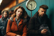 As the train rattled on, a woman sat beside a man, their faces illuminated by the soft glow of a clock, both clad in worn jackets, surrounded by a mix of strangers and the passing landscape, encapsul