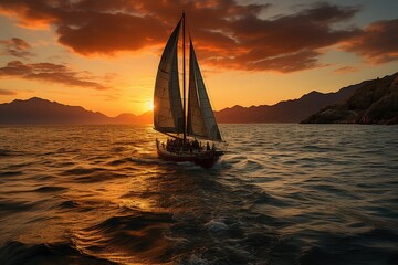 Wall Mural - A majestic sailboat glides across the shimmering water, its billowing sails catching the warm sunset hues, while the towering mast reaches towards the vast open sky, transporting its passengers on a 