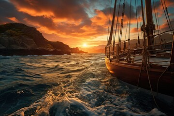 Wall Mural - A sailboat glides gracefully through the water, its mast reaching towards the sky as the vibrant colors of sunset paint the clouds and ocean in a breathtaking seascape