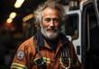 A rugged man with a thick beard stands proudly in the street, dressed in his firefighter uniform and jacket, ready to brave any danger for the safety of others