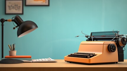 Canvas Print - A desk with a lamp, keyboard and typewriter on it, AI